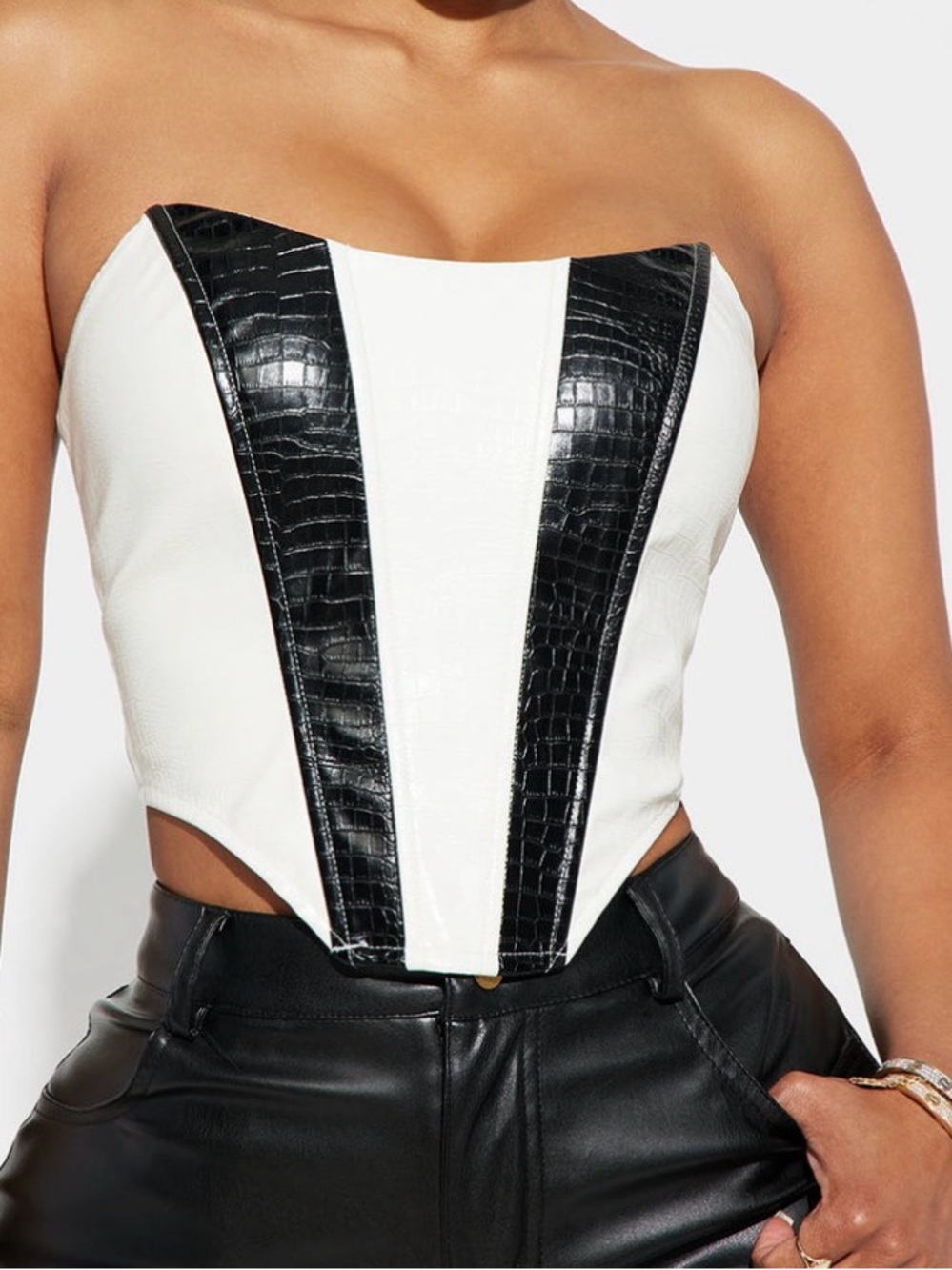 Fashion Nova Strapless White and Black Faux Leather Corset Top